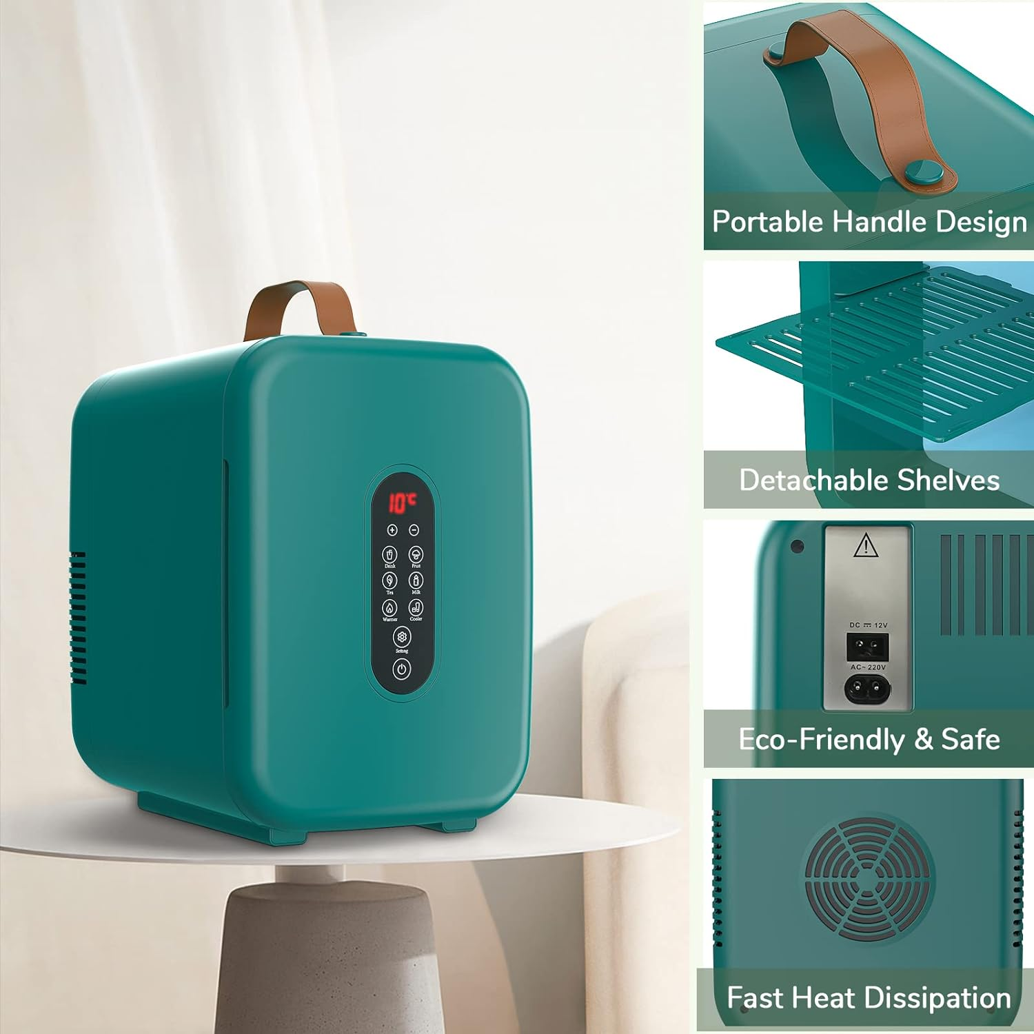 ADVWIN Mini Fridge 10 Liter Small Fridge for Bedroom - Upgraded Temperature Control Panel - AC/12V DC Thermoelectric Portable Cooler and Warmer for Skin Care, Beverage (Green) image number 6