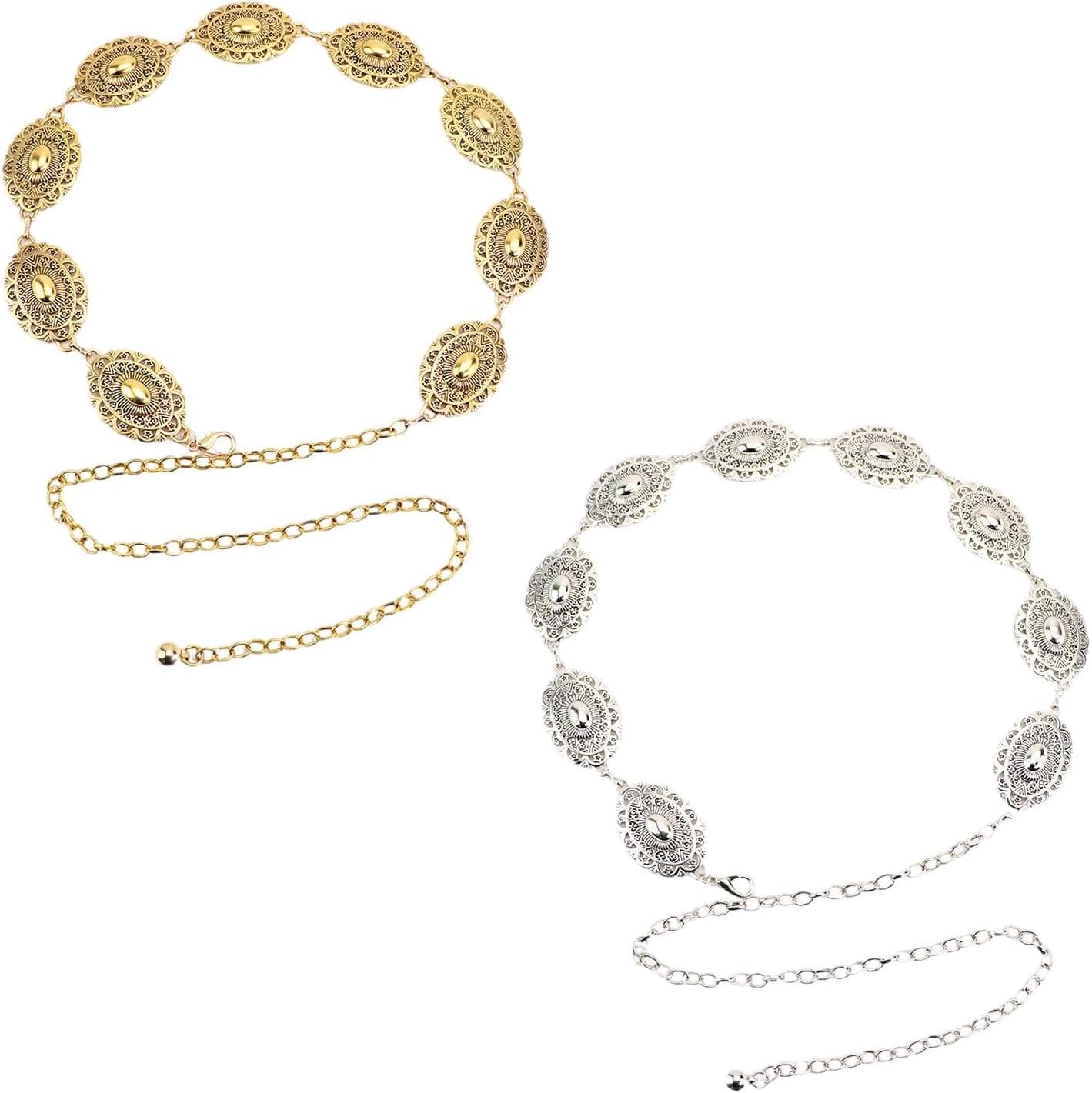 2Pcs Belt Women, Adjustable Golden Fashionable Retro Cowboy Belt,Waist Chain Oval Western Cowgirl Lady Metal Waist Chain Belt for Concert Party Travel image number 3