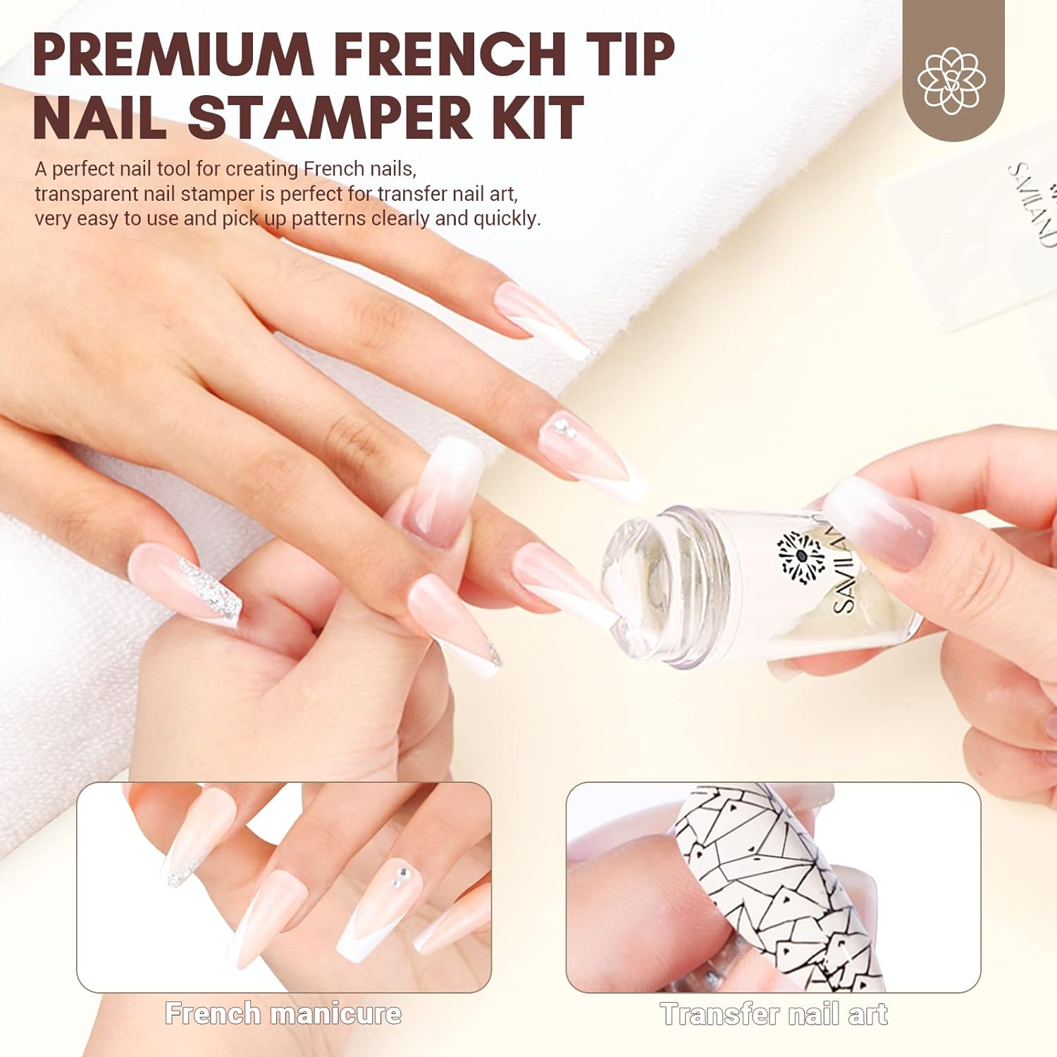 SAVILAND Nail Stamper Kit- 5PCS French Tip Nail Stamp with Replaceable Stamper Head, Clear Silicone Nail Stamping Long Jelly Stamper for Nails with Scrapers for French Manicure Home DIY Nail Art Salon image number 3