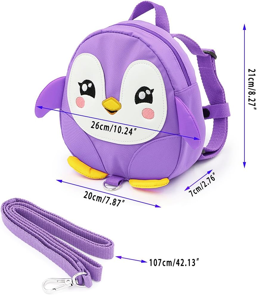 Hipiwe Baby Toddler Walking Safety Backpack Little Kid Boys Girls Anti-Lost Travel Bag Harness Reins Cute Cartoon Penguin Mini Backpacks with Safety Leash for Baby 1-3 Years Old, Purple,