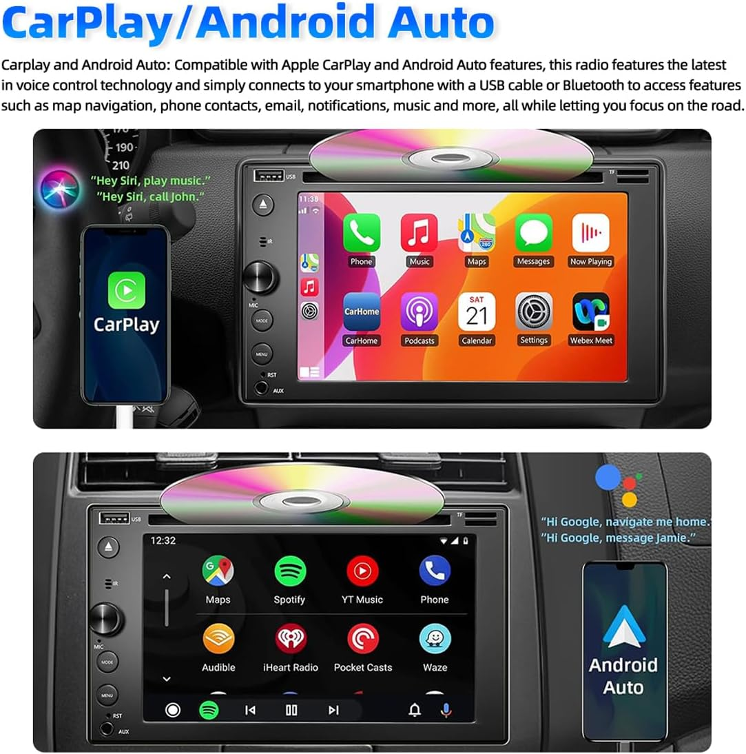6.2 Inch Double Din Apple Carplay, Android Auto Car Stereo HD Touchscreen Bluetooth Multimedia DVD CD Radio Player, Car Play Mirror Link Car Audio Receiver RDS AM FM USB SD AUX image number 1