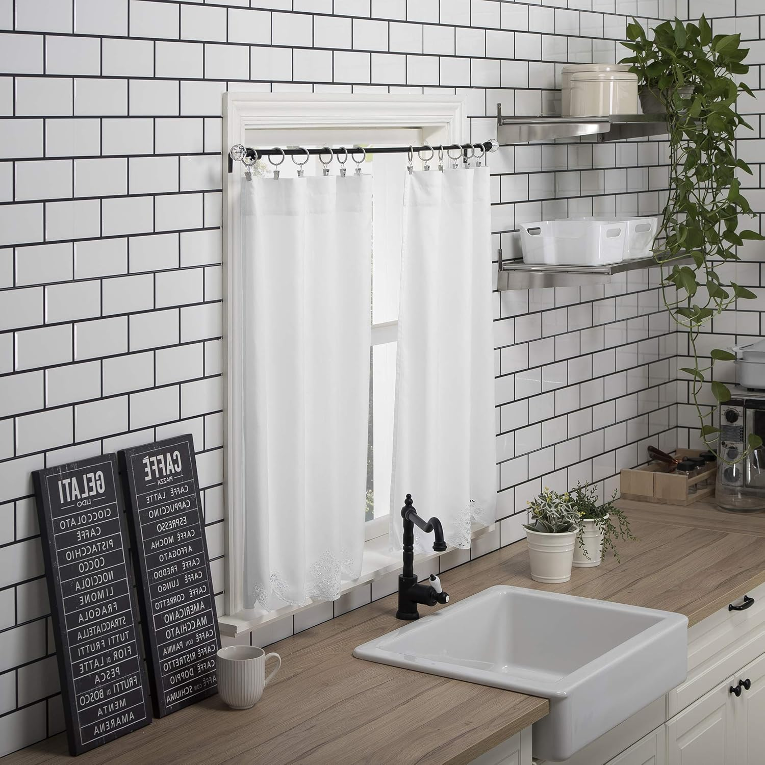 No. 918 Mariela Floral Trim Semi-Sheer Rod Pocket Kitchen Curtain Valance and Tiers Set, 58" X 24", White image number 4