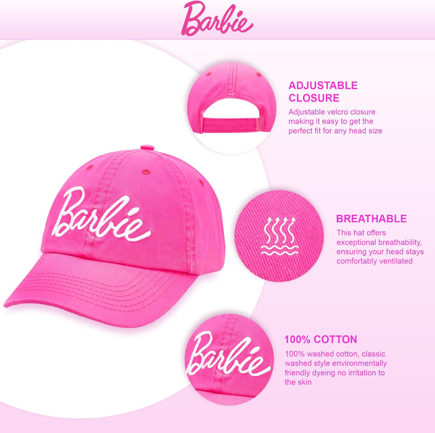 Barbie Baseball Cap for Women &ndash; Soft Cotton Womens Cap with Curved Brim &ndash; Adjustable Snapback Hot Pink Baseball Cap