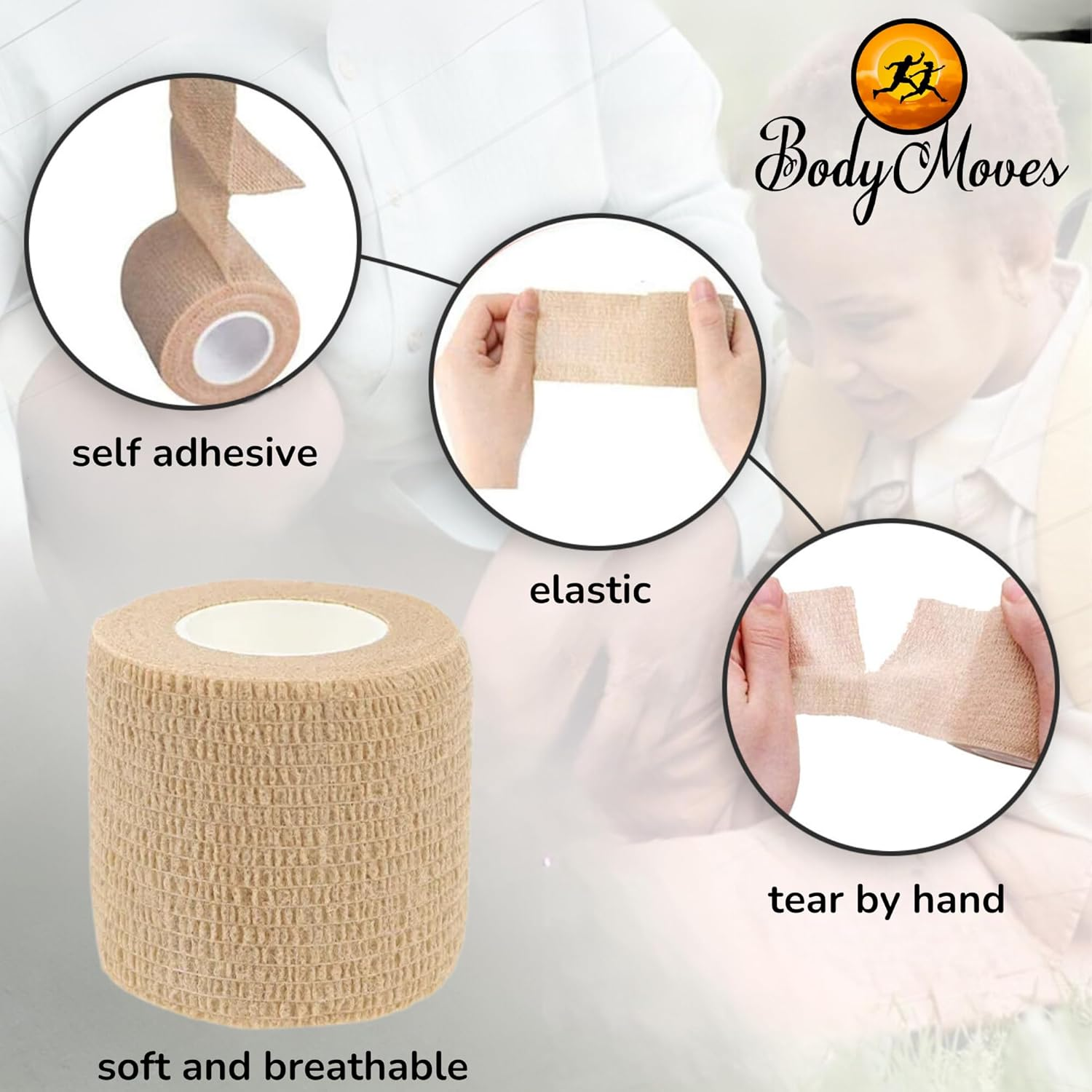 Bodymoves Self Adhesive Bandages Wrap Sports, Bandage Wrap for Sports, First Aid Tape 2Inches X 5 Yards 6 Beige 6 Black image number 5