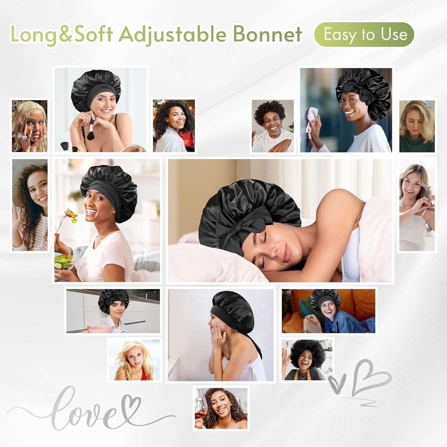 Satin Bonnet Silk Bonnets for Sleeping Double Layer Satin Lined Hair Bonnet with Tie Band Curly Hair Black