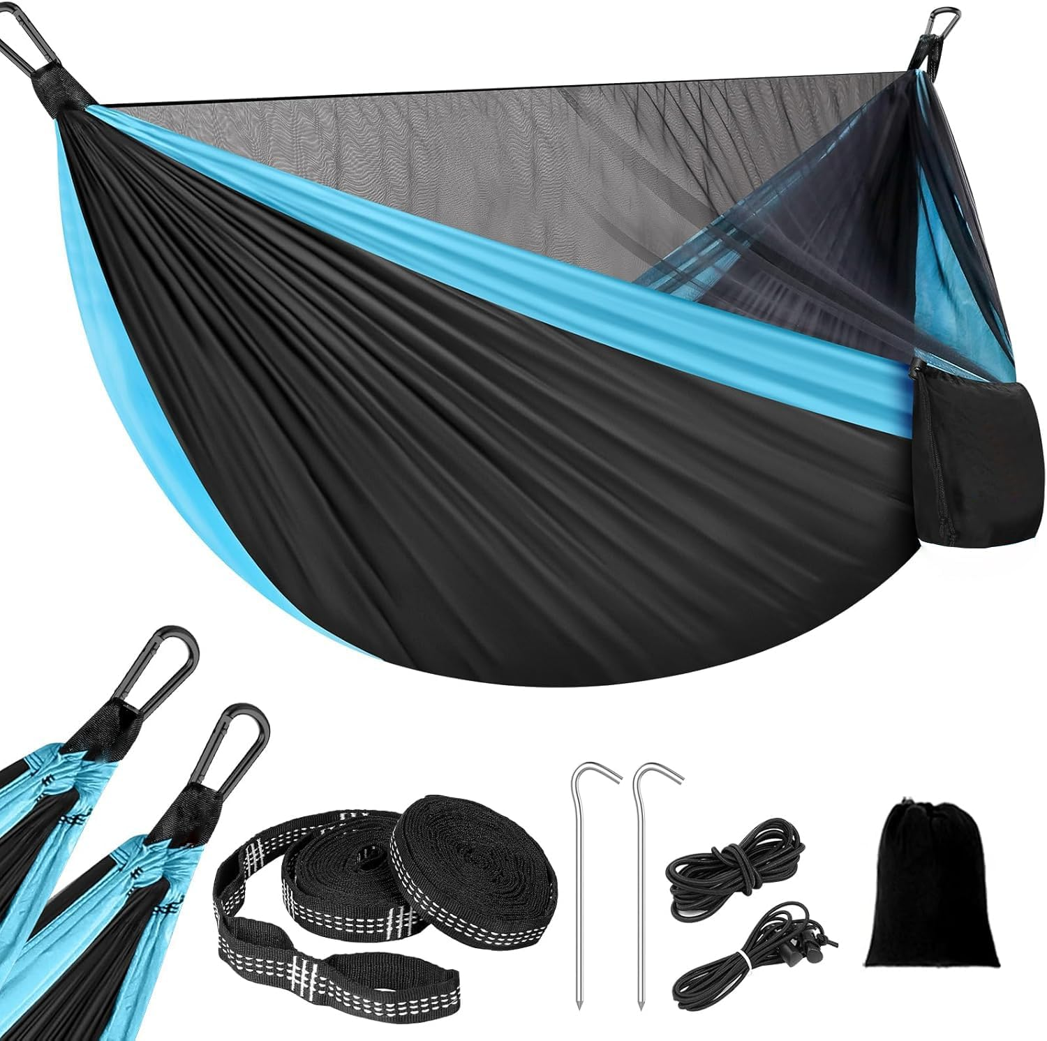 APEXORIGIN Camping Hammock with Mosquito Net, Portable Hammocks with Adjutable Loops and Tree Straps, Double & Single Hammock Tent for Outdoor, Hiking and Travel (Blue) image number 1