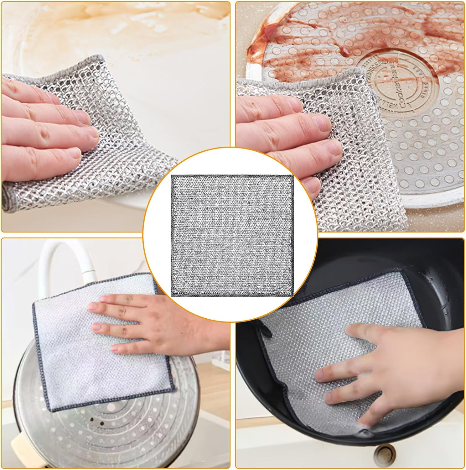10 Pcs Multipurpose Wire Miracle Cleaning Cloths, Non-Scratch Wire Sponge Cloth Dishwashing Rag for Wet and Dry Use, Silver Dishcloth Double Layer Reusable for Metal Kitchen Pan Pot Dishes image number 1