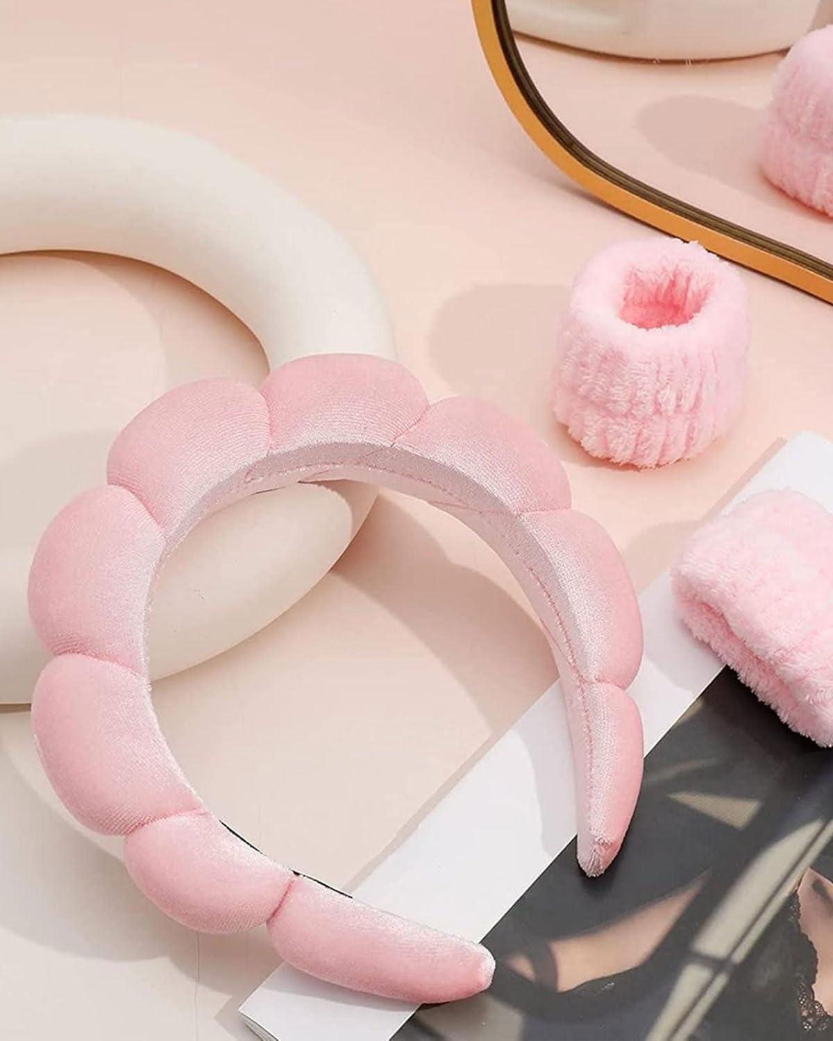 TPZORJX Sponge Headband Bracelet Sets for Washing Face Makeup Headbands for Women Girls Skin Care Removal Spa Yoga Sports Shower Headband Terry Towel Fabric Hair Band - Pink image number 3