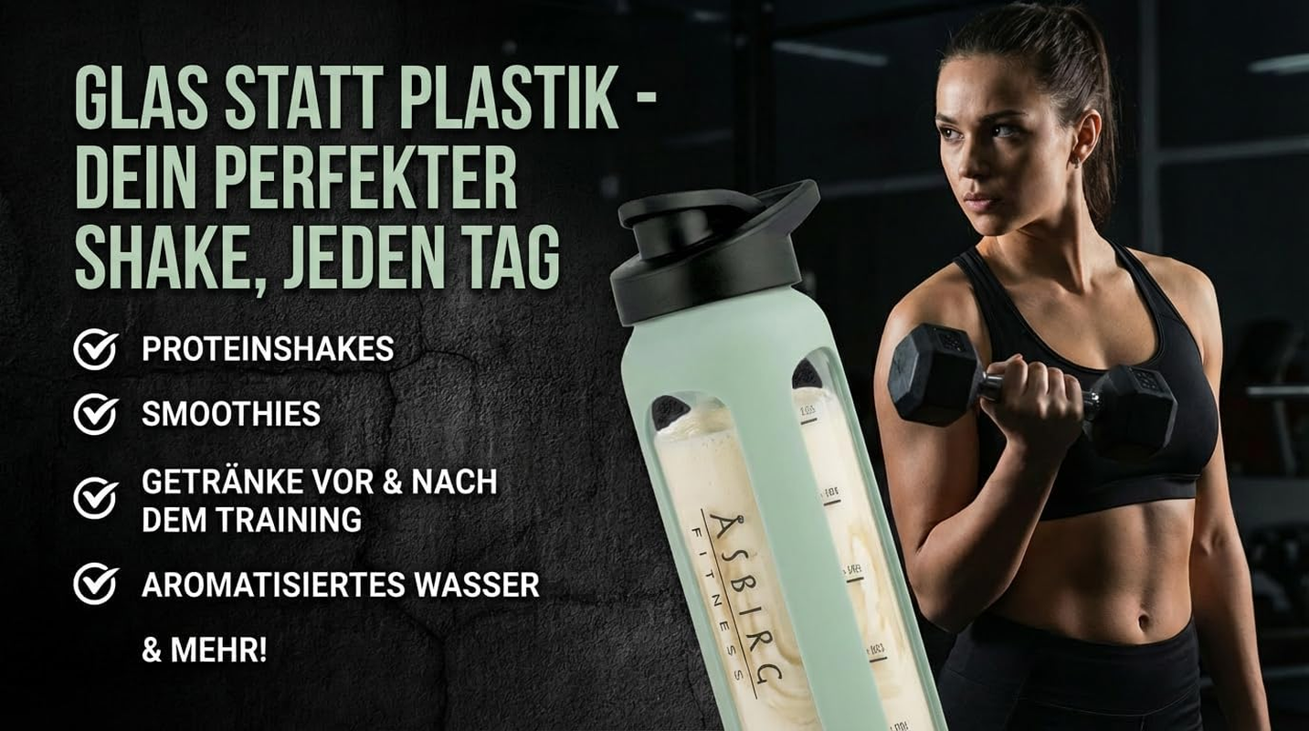 Asbirg Glass Protein Shaker 700 Ml - Bpa-Free, Leak-Proof & Robust - Protein Shaker with Borosilicate Glass Mixball - Drinking Bottle for Fitness & Sports | Pastel Green image number 5