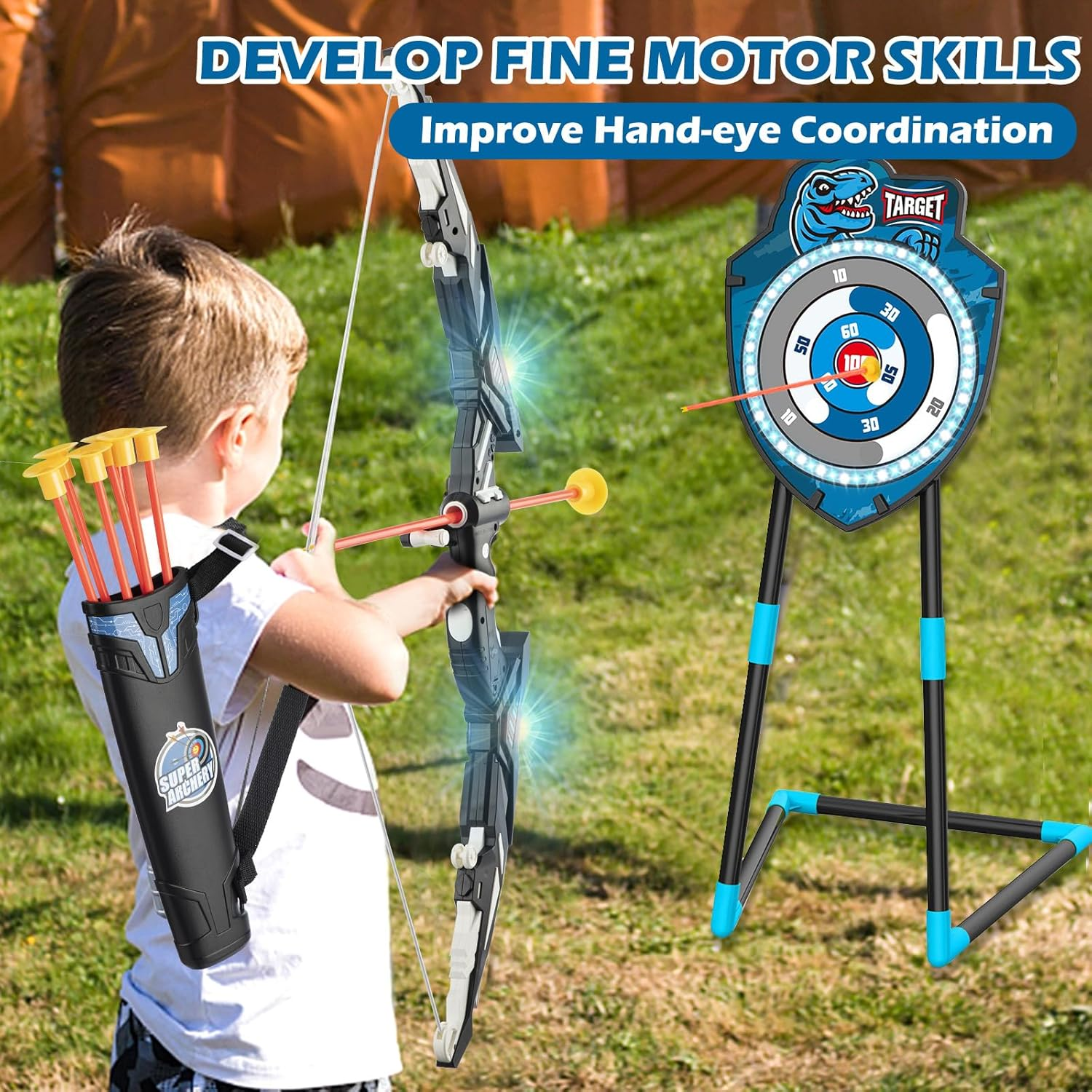 Kids LED Standing Archery Set with Bow & Arrows &ndash; Outdoor Sports Toy for Boys & Girls Ages 4-12, Safe & Fun Target Practice Game, Blue image number 6
