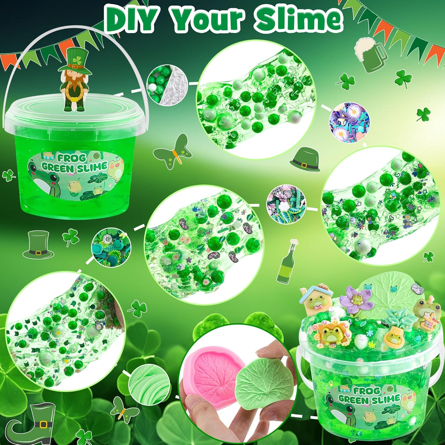 Frog Clear Slime 300Ml, Green Clear Slime Kit for Girls Ages 8-12 with 8 Packs Slime Add-Ins, Slime for Kids Party Favors, Non Stick Slime with Clay, Halloween St. Patrick'S Day