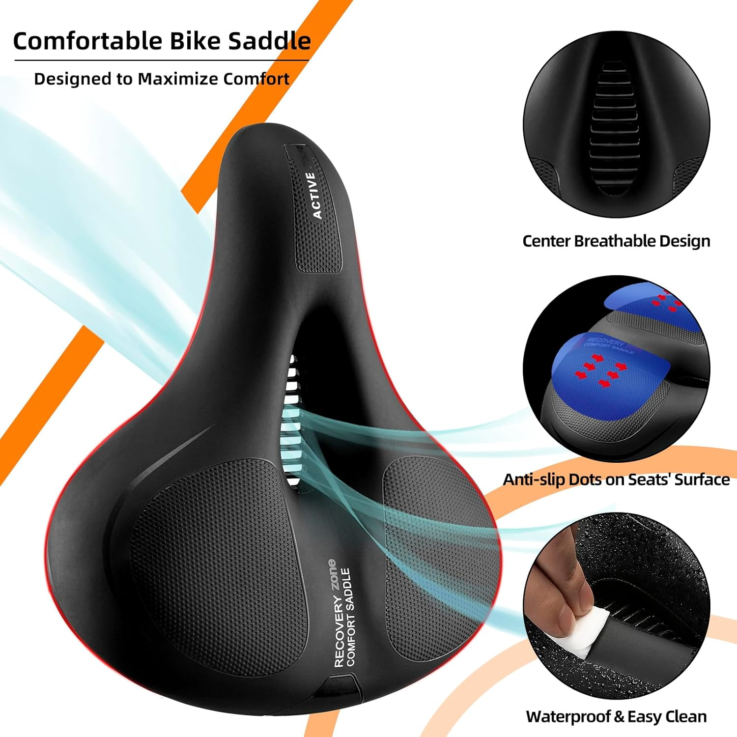 ROCKBROS Bike Seat Comfort Bike Saddle Mountain Bicycle Accessories for Men Women Soft Wide Bike Seat Cushion Dual Shock Absorbing with Reflective Strip