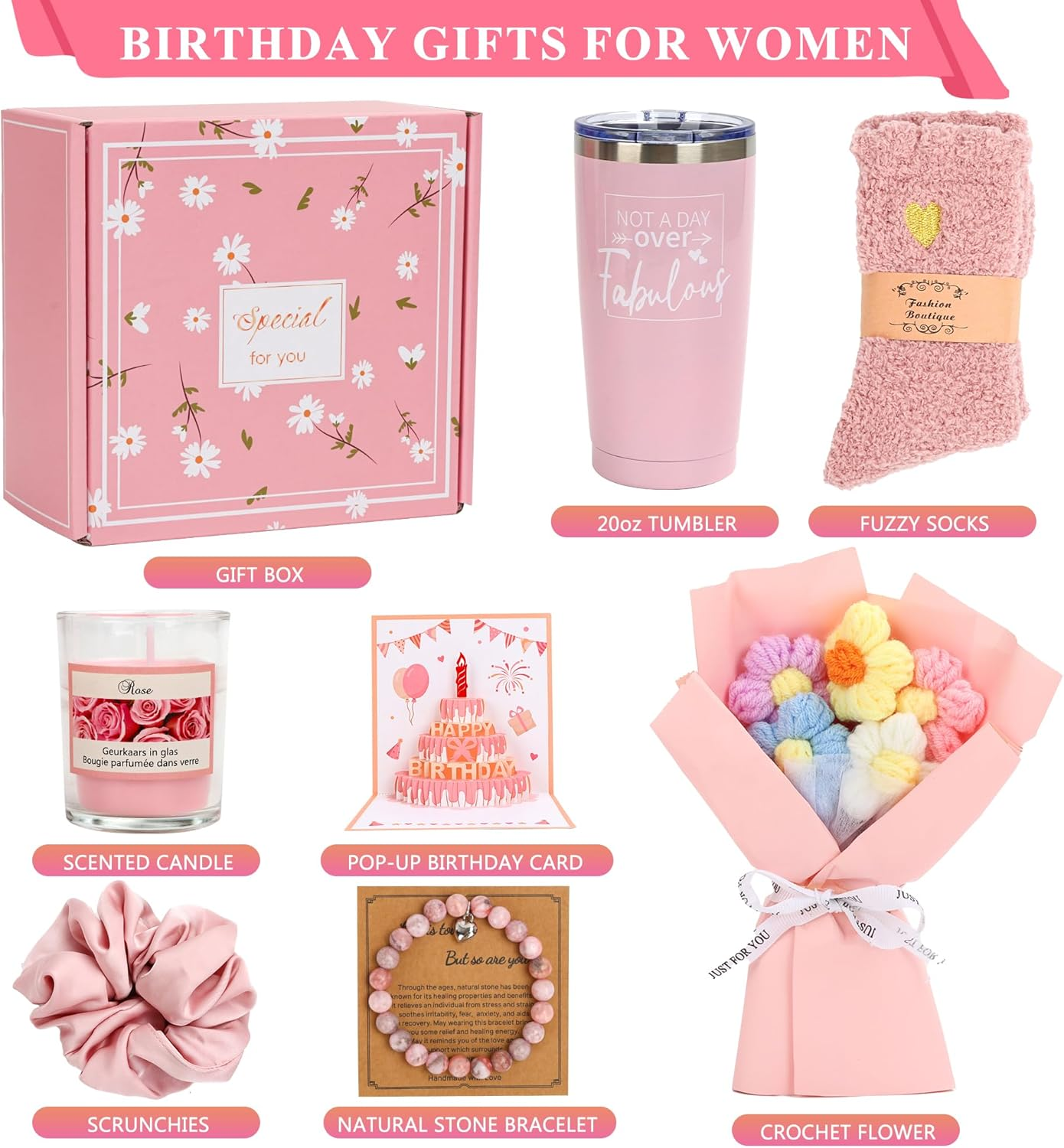 Birthday Gifts for Women Friendship, Pink Relaxing Spa Gifts Basket Set for Women, Self Care Gifts Unique Happy Birthday Gift Idea for Mom Her Best Friends Sister Wife Girlfriend Coworker Teacher