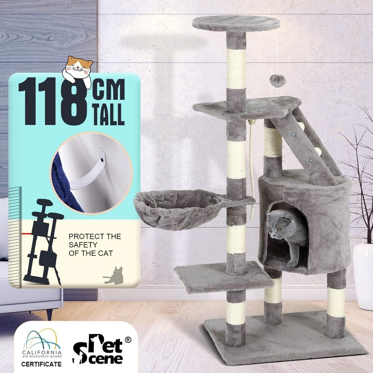 118Cm Plush Cat Scratching Post Climbing Tree Condo Play Center for Activity with Perches Dangling Rope Toys