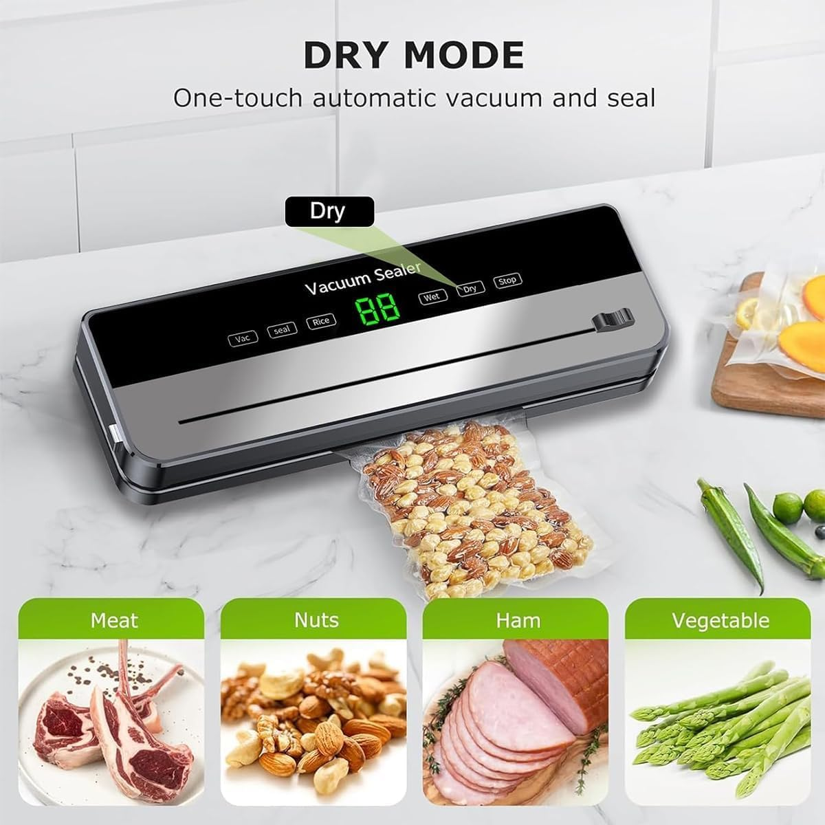 Vacuum Sealer Machine, 5 in 1 Food Vacuum Sealer Machine with Build-In Cutter Automatic Air Sealing System Smart Touchscreen for Food Storage Dry and Moist Food Modes with 30Pcs Seal Bags Kit image number 4
