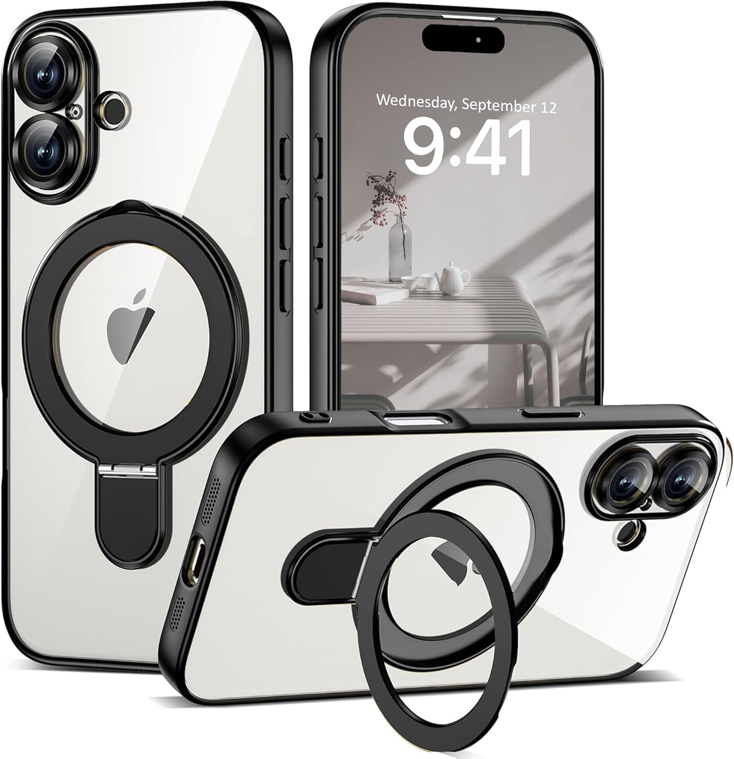 For Iphone 16 Pro Max Case, Phone Case Iphone 16 Pro Max with Invisible Magnetic Ring Stand [Compatible with Magsafe] [Full Camera Protection] Plating Clear Back Phone Case Covers, Silver