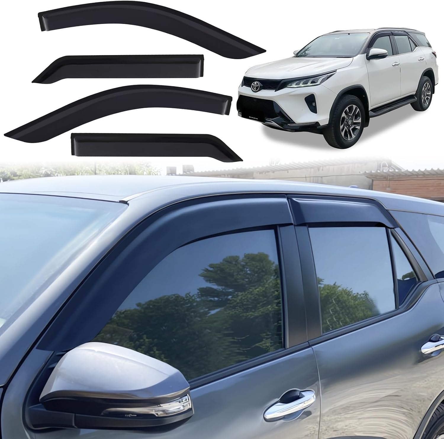 SUERAUTO4X4 Weather Shields for Toyota Fortuner 2015-2025 GX GXL Crusade Accessories, Car Weathershields Wind Deflectors Window Visor Sun Rain Guards Injection Tinted Black, 4Pcs/Set