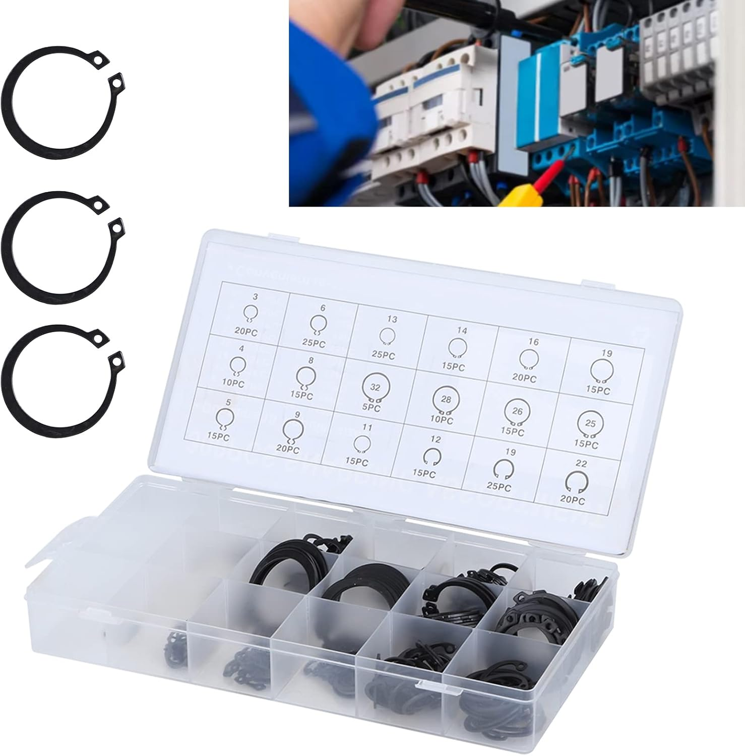 300Pcs 2-32Mm E Snap Retaining Ring Assortment Set, External Circlip Kit for Bearings, Gears, Pulleys with Plastic Storage Case image number 6