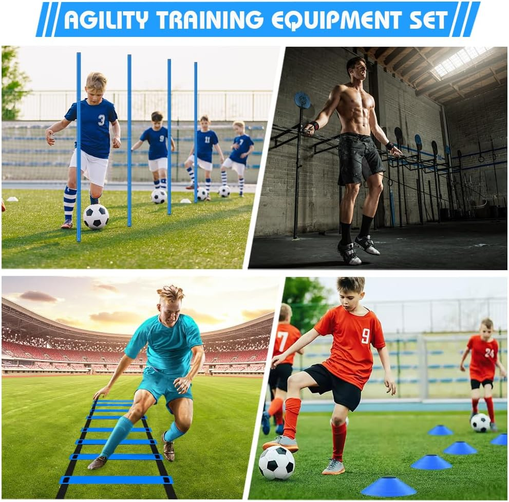 HOTOOLME Agility Training Poles Equipment Soccer Training Equipment Includes 6 Agility Poles,Agility Ladder, 10 Soccer Cones,Jump Rope for Speed Training, Soccer Training, Basketball Athletes & Kids