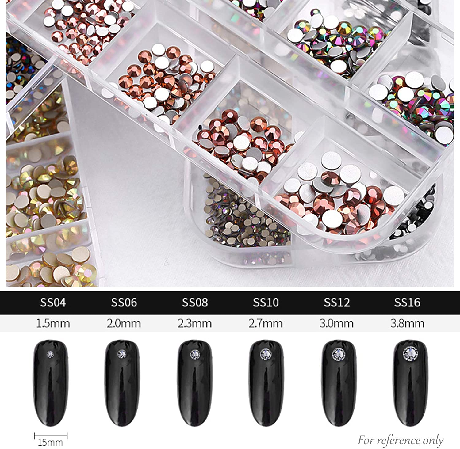 Nail Art Deluxe Flatback Rhinestones with Box (Clear + Clear Aurora AB + Flame + Blue Flame), Beauties Factory Nail Art Gems Crystals Decals (Color K) image number 3