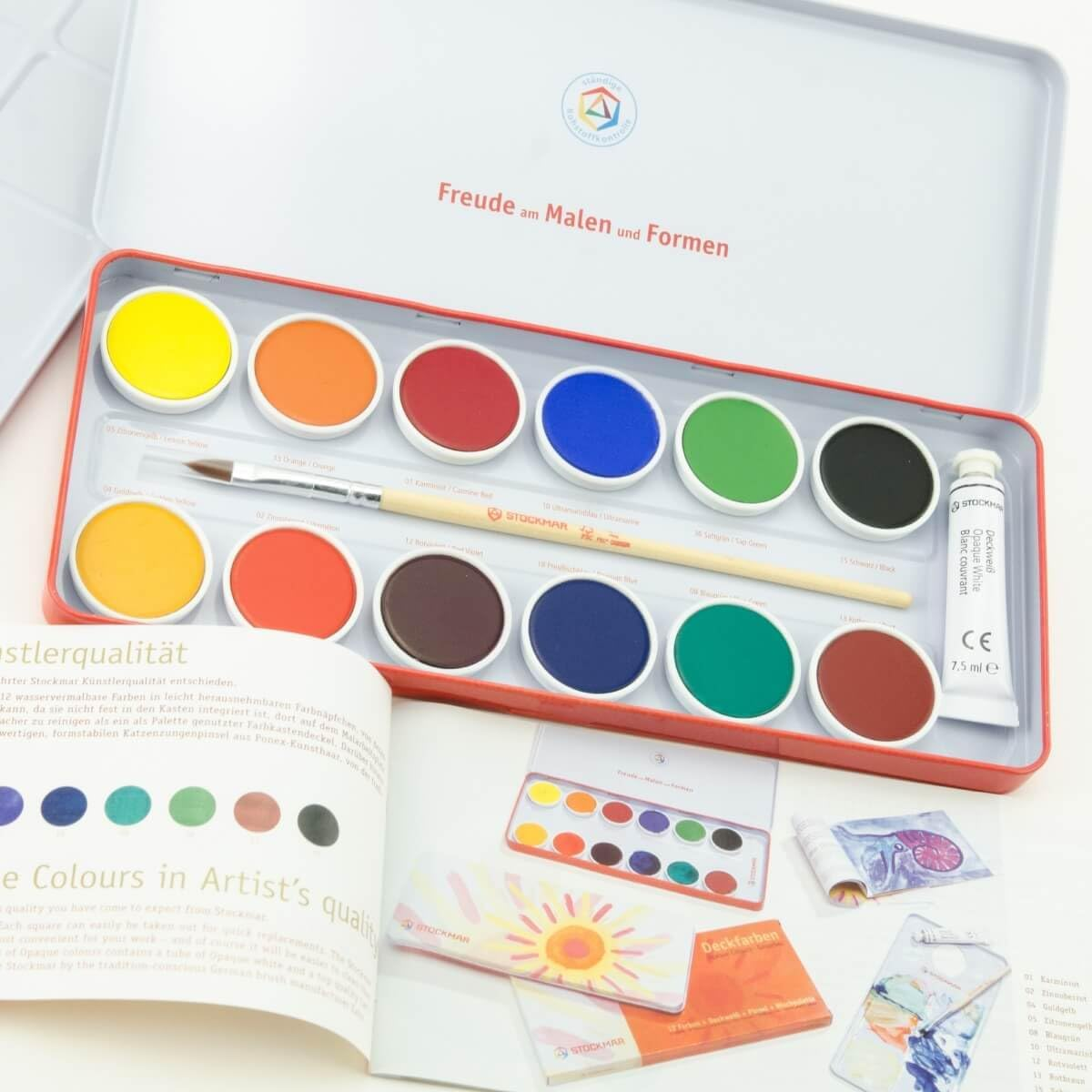 Stockmar Watercolour Paint Set in Tin Box with Opaque White Tube, Brush and Mixing Palette, 12 Colors image number 2