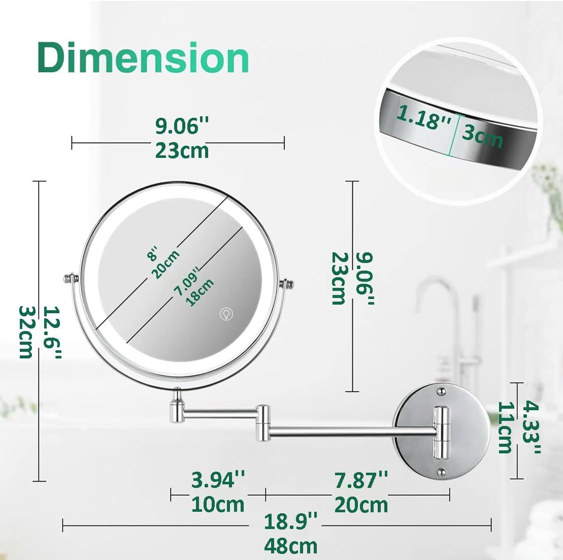 Wall Mounted Lighted Makeup Mirror, 8" Rechargeable Double-Sided Light up Magnifying Mirror 1X/10X, 3 Colors Led Vanity Mirror with Lights, Touch Dimmable 360&deg; Rotation Foldable image number 6