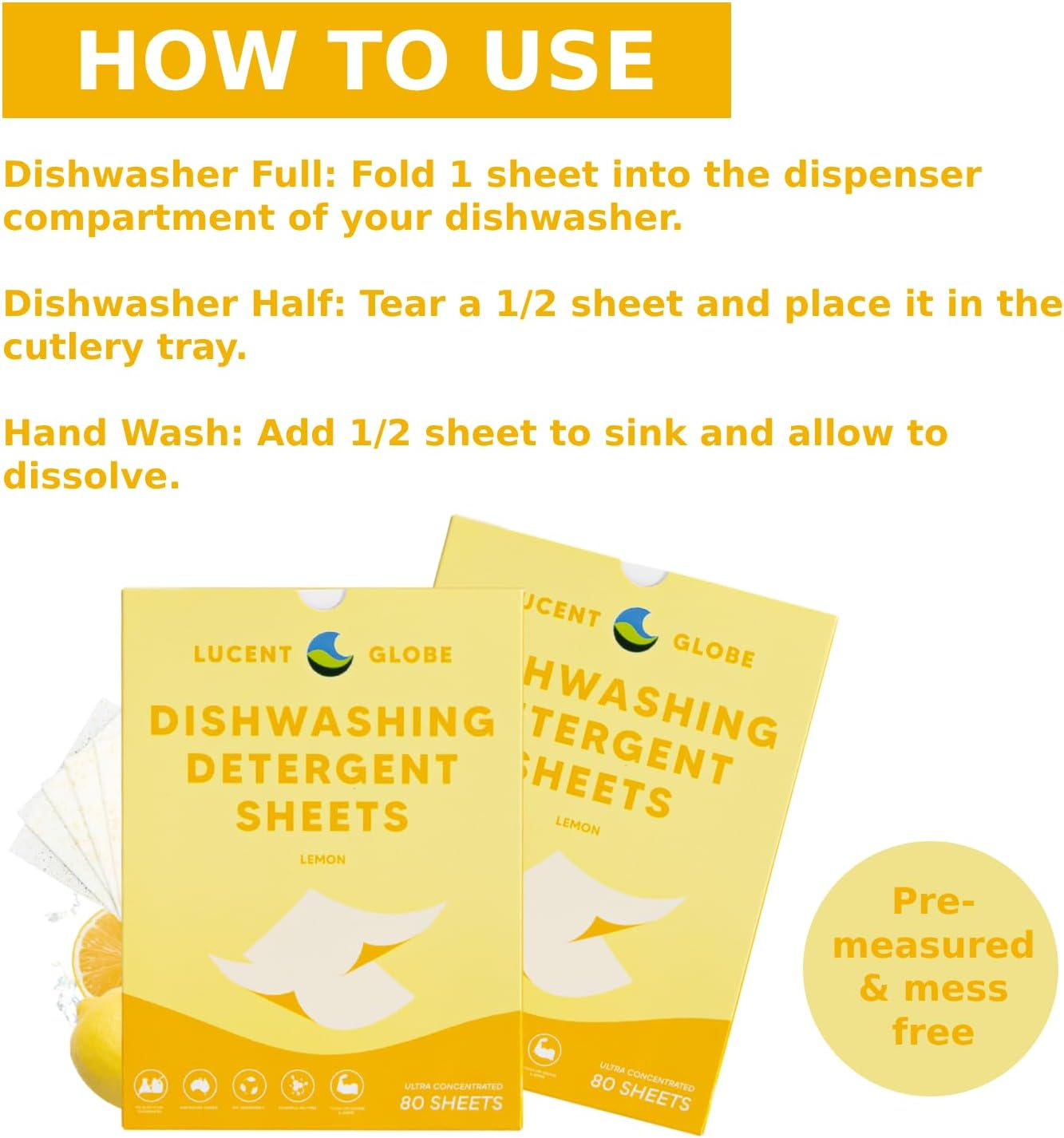 Lucent Globe Dishwasher Dishwashing Detergent Sheets, 160 Washes, Dishwashing Tablets Alternative. Plant-Based, Eco-Friendly, Fully Biodegradable, Plastic Free Packaging (Pack of 160, Lemon) image number 1
