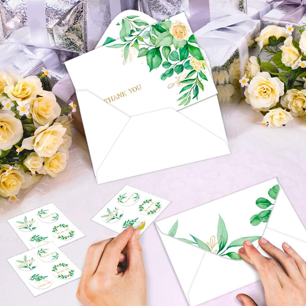 Paper Master 100 Thank You Cards, 4X6 Inch Assortment Blank Thank You Cards with Envelopes and Stickers,Perfect Greenery Greeting Cards for Wedding,Baby Shower, Bridal Shower and All Occasions