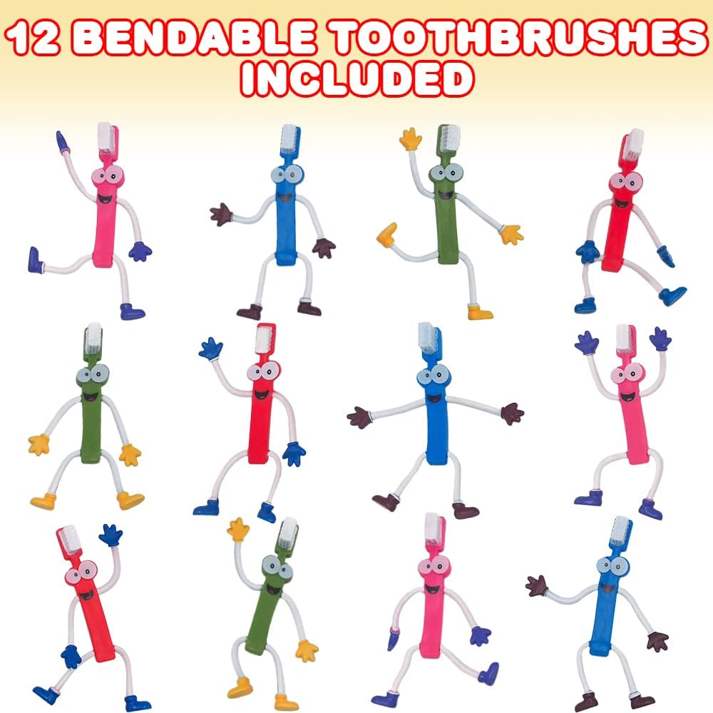 Artcreativity Bendable Toothbrush Figures, Set of 12, Bendable Toys for Kids, Party Favors for Boys & Girls, Stress Relief Fidget Toys for Kids and Adults, Dentist Office Giveaways, and Pinata Fillers image number 1
