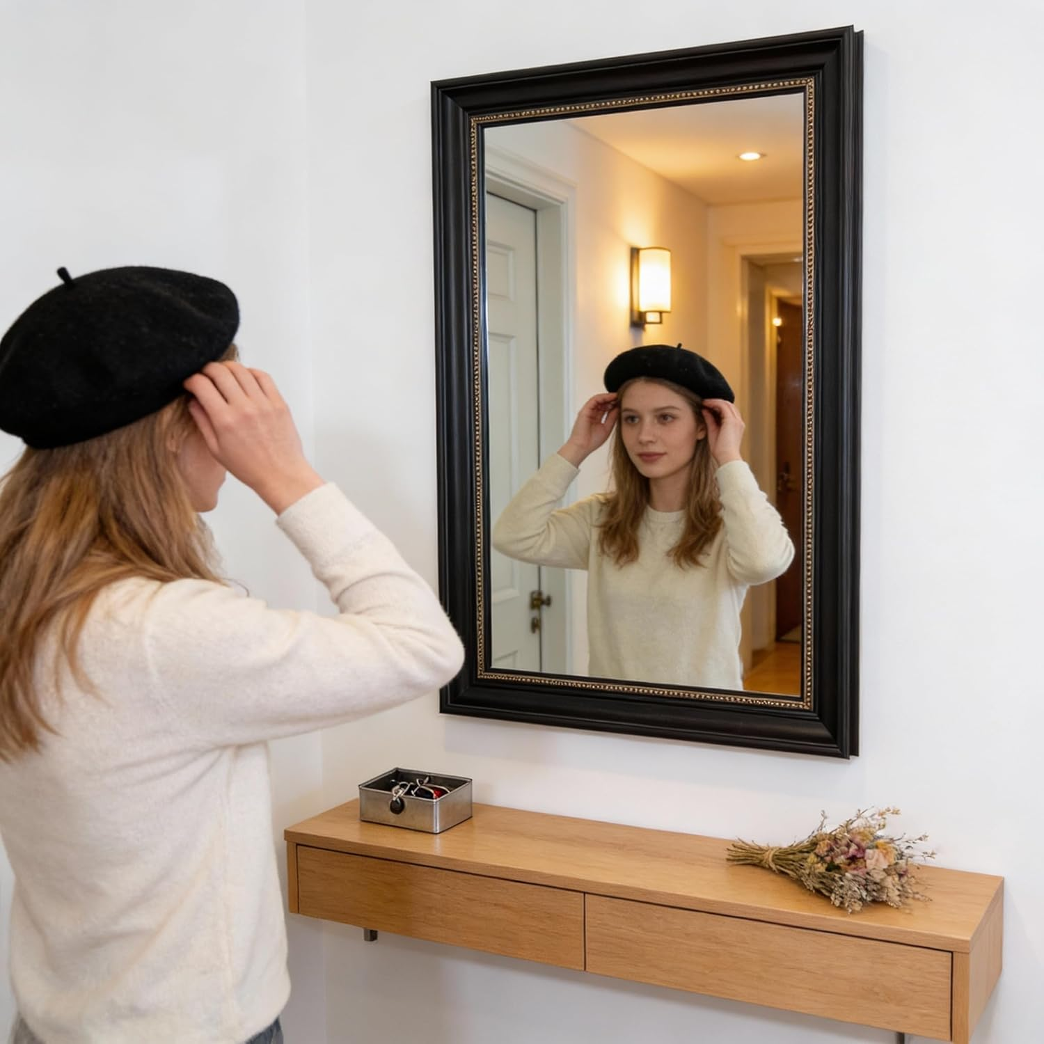 80X60Cm Wall Mirror Shatterproof Tempered HD Glass Mirror Classical PS Frame Carbon Black Mirrors for Vanity, Entryway, House Bedroom, Living Room, Home Entryway, Hallway