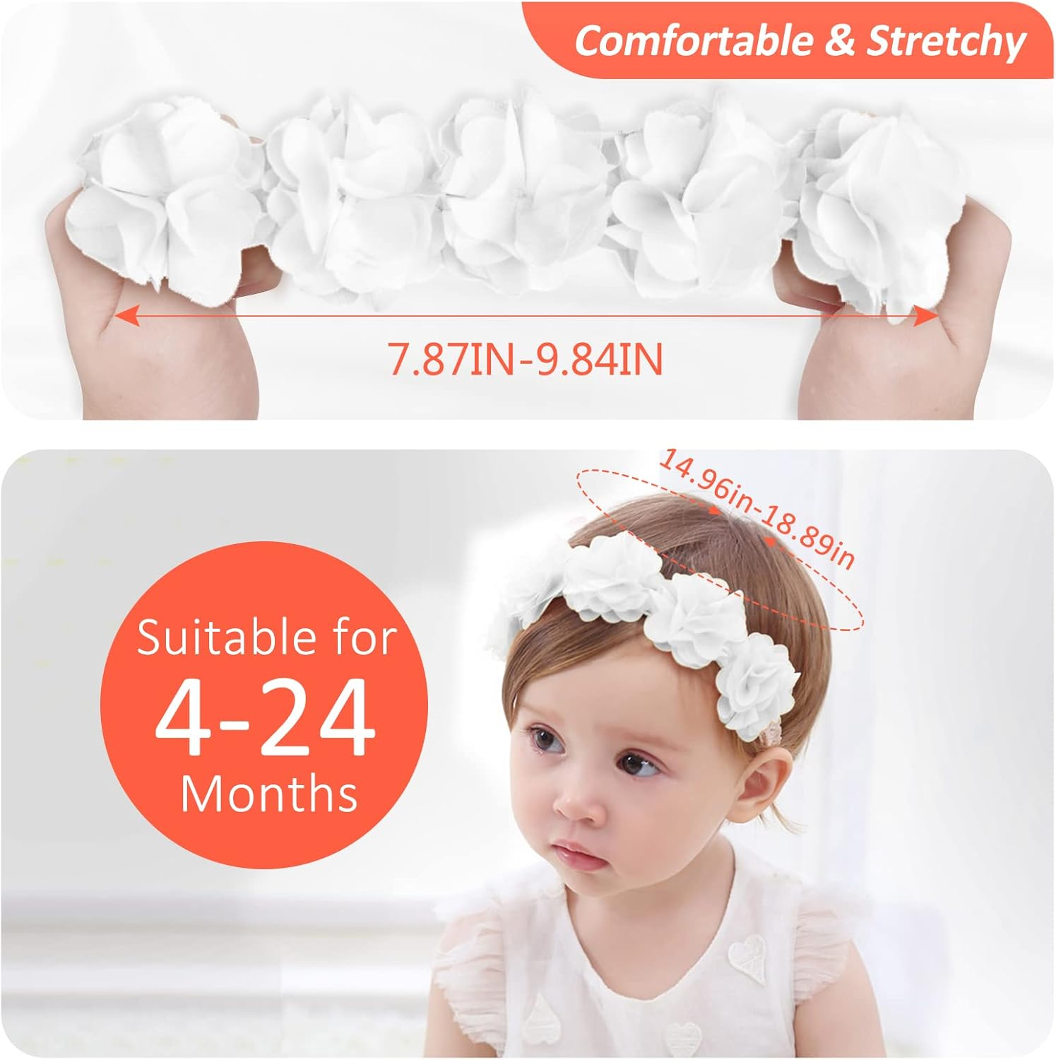 Baby Girls Headband Birthday Crown Fashion Hair Accessories for Newborn Infants Toddlers - Peach + White image number 4
