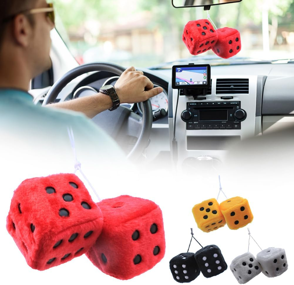 Car Mirror Hanging Furry Dice, Classic Vintage Soft Square Hanging Fuzzy Dice, Accessories Ornament Decoration for Car Rearview and Automotive Interior Mirror (Red) - Red image number 3