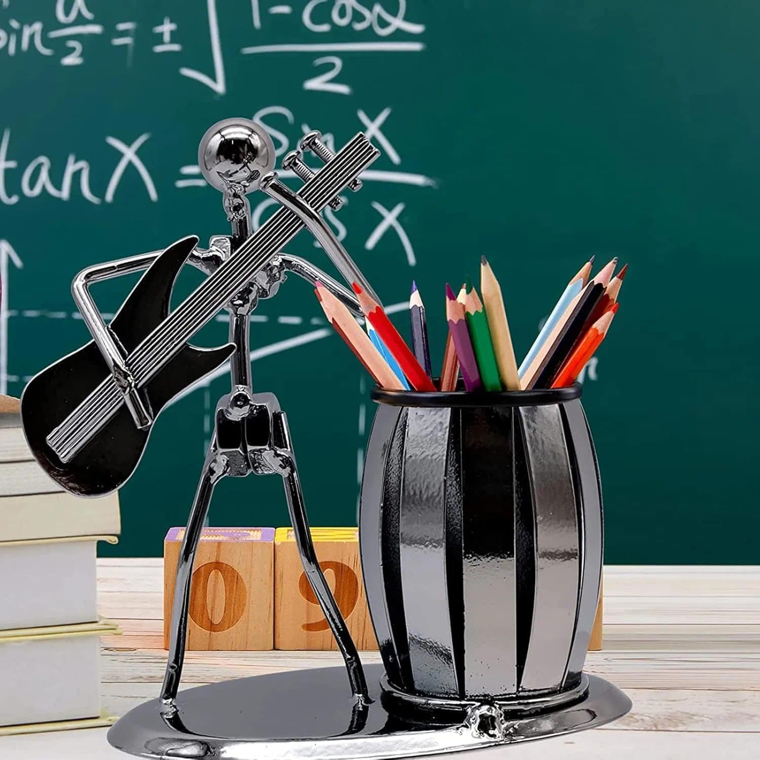 CRFY Metal Art Pen Pencil Holder, Creative Guitar Player Pen Cup, Office Desktop Ornaments Music Decoration Gift image number 2