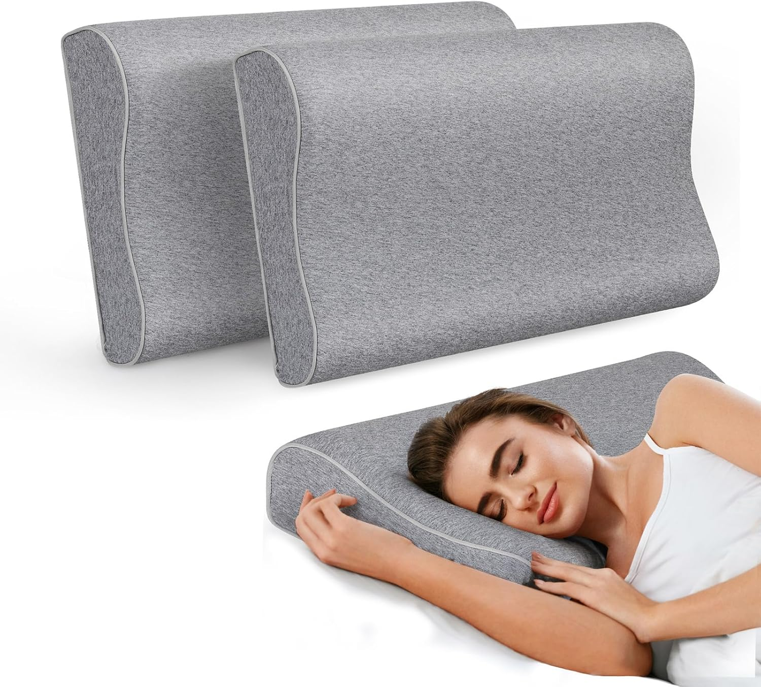 Dreamz 2 Pack Cervical Memory Foam Pillow for Neck Pain Relief &ndash; Ergonomic Contour Pillow with Dual Height Support (8Cm/11Cm),Orthopedic Bed Pillow for Side,Back & Stomach Sleepers - 60X35Cm （Gray） image number 4