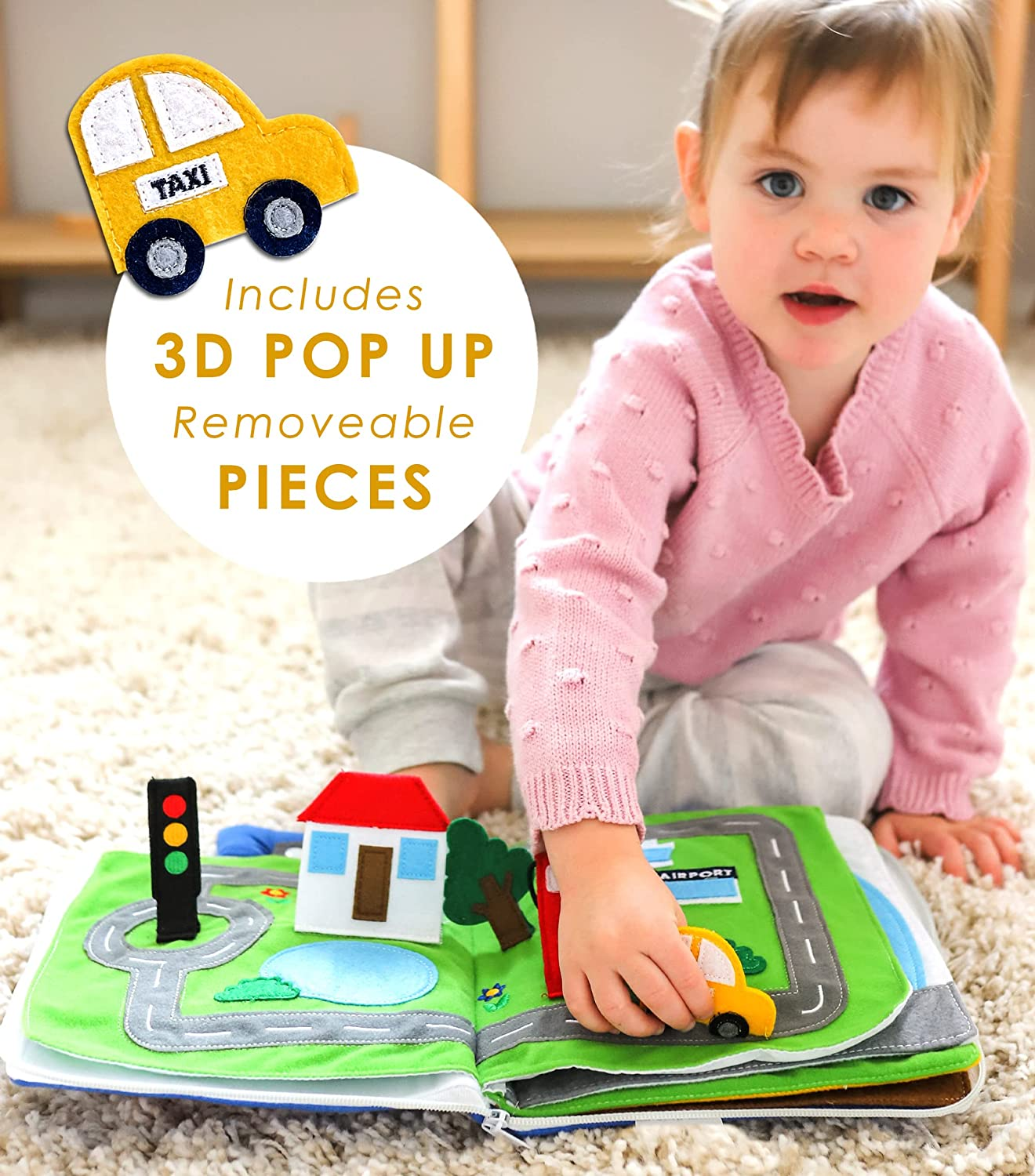 Curious Columbus Quiet Book for Toddlers. Away We Go Large Educational Preschool Fabric Montessori Activity Book with 10 Pages for Learning and Quiet Play, Airplane and Road Trip Travel Toy Essentials image number 6