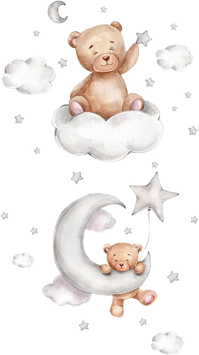 Set of 2 Cartoon Cute Bear Moon and Stars Wall Stickers PVC Stick Wall Sticker Mural Removable Self-Adhesive Wall Decal for Kids Baby Room Bedroom Nursery Playroom Home Decor image number 3