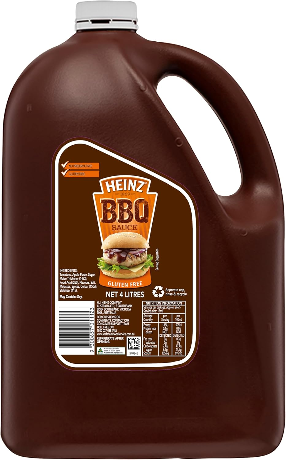 Heinz BBQ Sauce Barbecue Sauce Dipping and Spreading Condiment Catering Bulk Bottle 4L image number 1