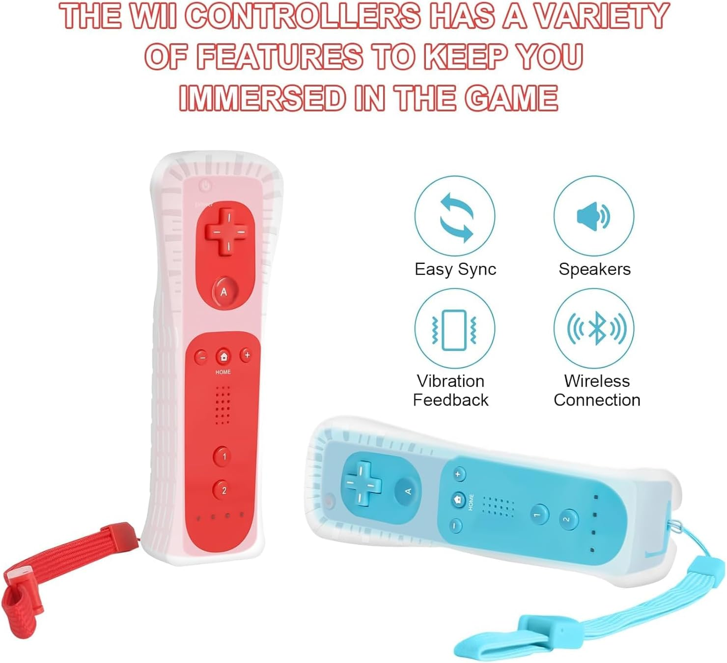 2 Pack Remote Controller with Motion plus for Wii/Wii U, 2 in 1 Remote with Nunchuck Controller Compatible with Wii Wii U Console (Red & Blue) image number 2