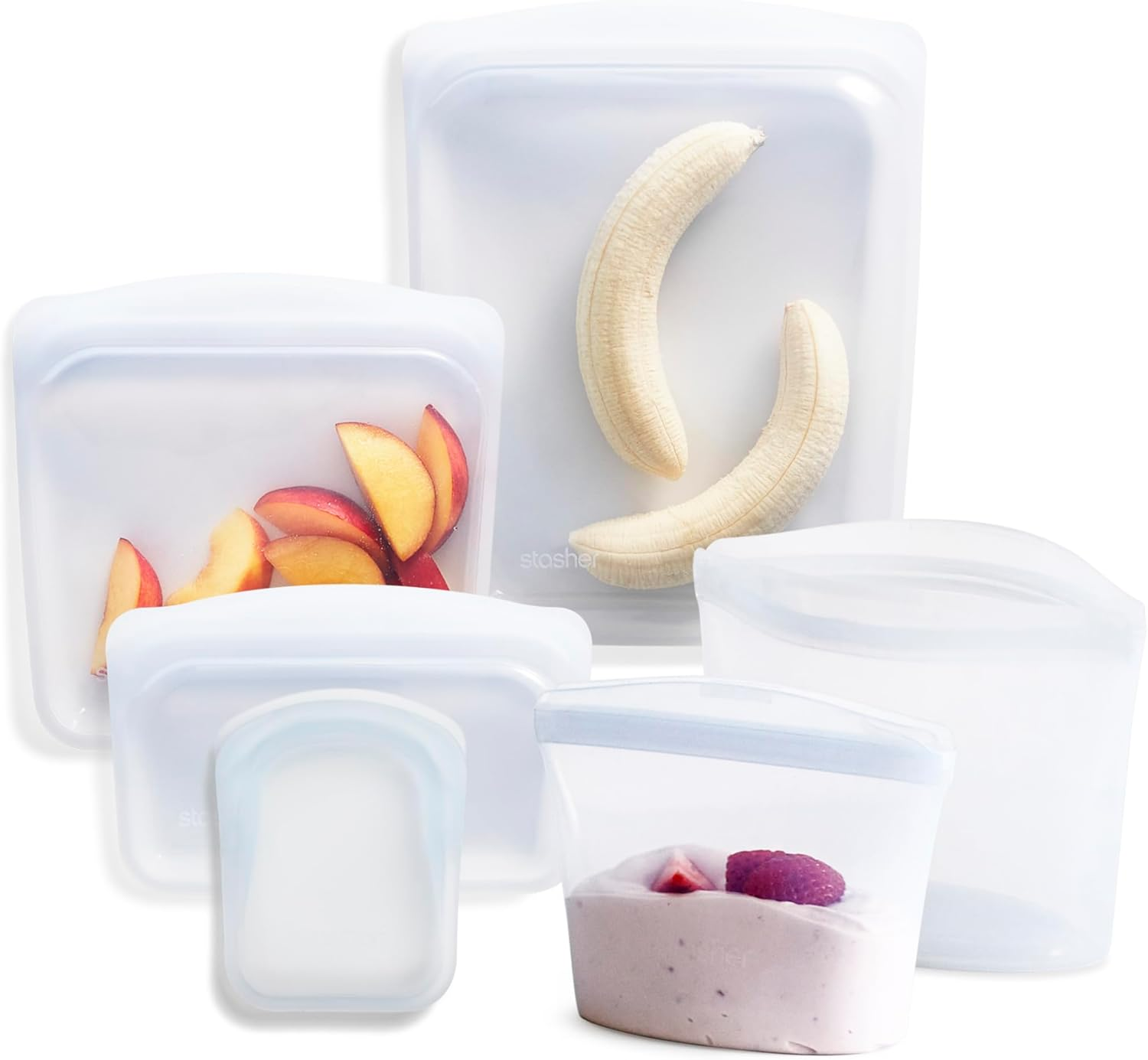 Stasher Premium Silicone Reusable Food Storage Bags, 6-Pack, Starter Kit, Clear | Multi-Use Food Storage Bags, Lunch Bag, Travel Containers | BPA Free, Leak-Free, Dishwasher-Safe, Eco-Friendly