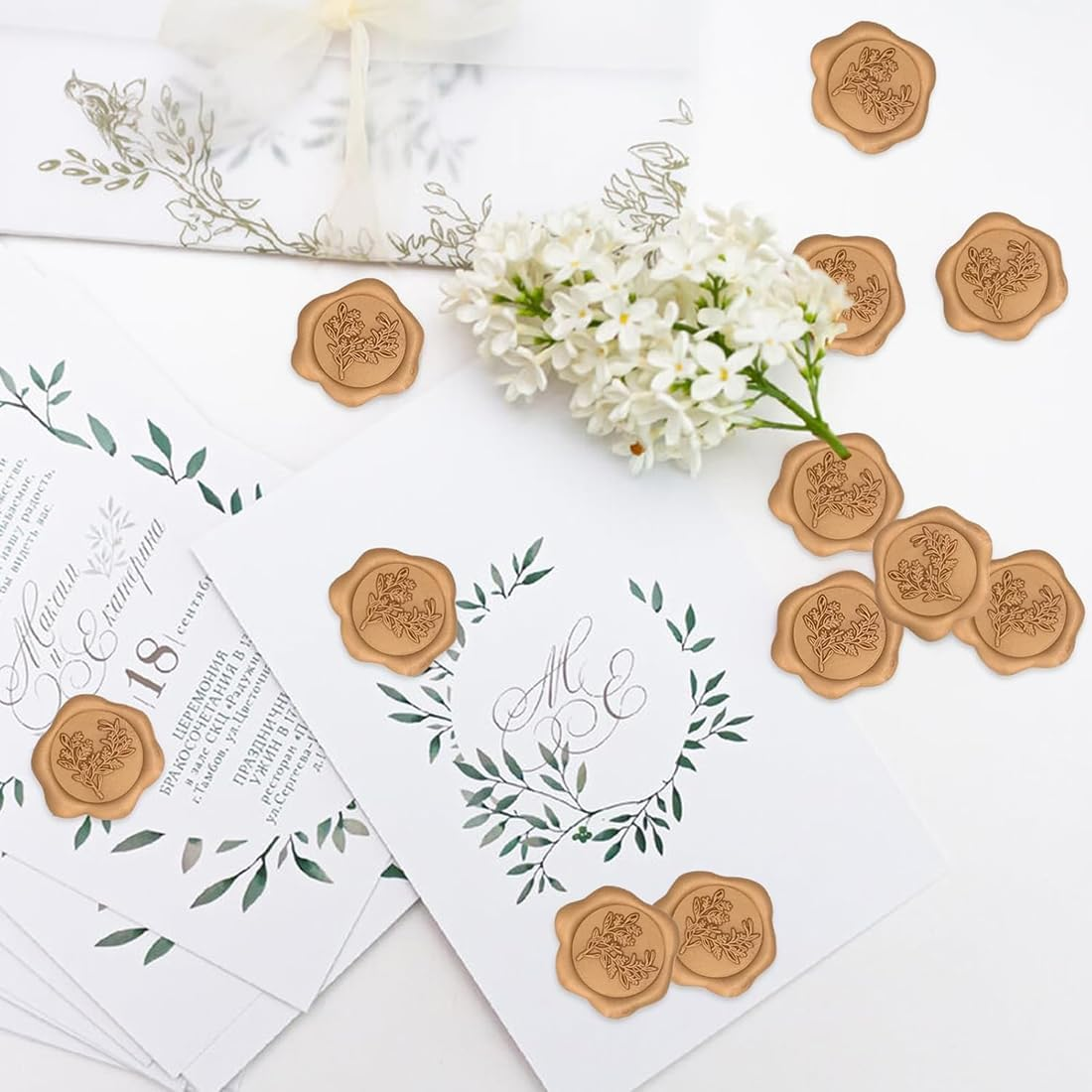 100Pcs Wax Seal Stickers, Gold Envelope Seal Stickers, Self Adhesive Wedding Invitation Envelope Seal Stickers, Eucalyptus Wax Seal Stickers for Wedding Party Birthday Christmas image number 3