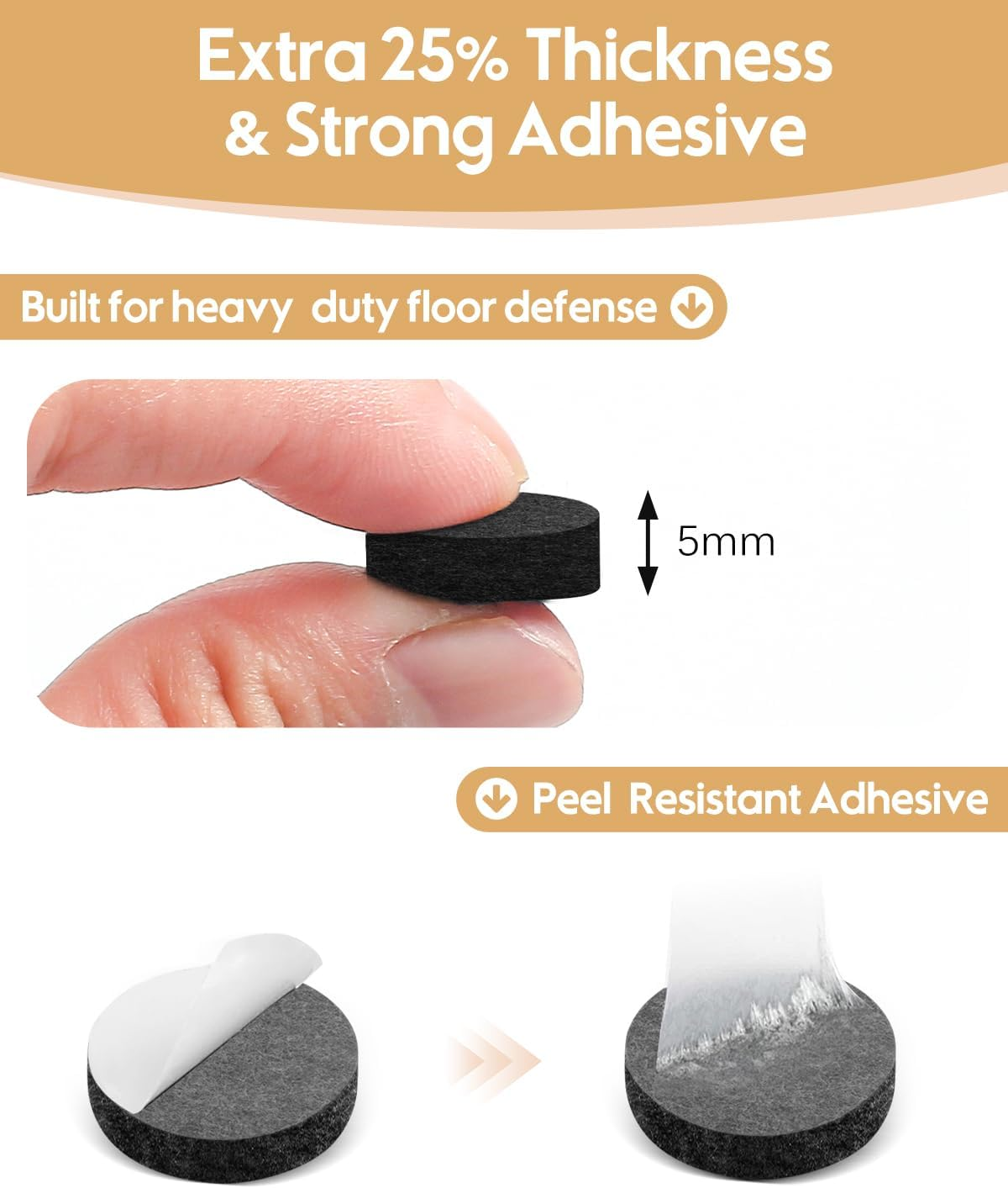 VABNEER 108Pcs Felt Pads, 15Mm Black Self-Adhesive Furniture Pads for Hardwood Floors, Premium Furniture Felt Pads 5Mm Thick, Felt Glides for Furniture Feet (Round, 15Mm) image number 2