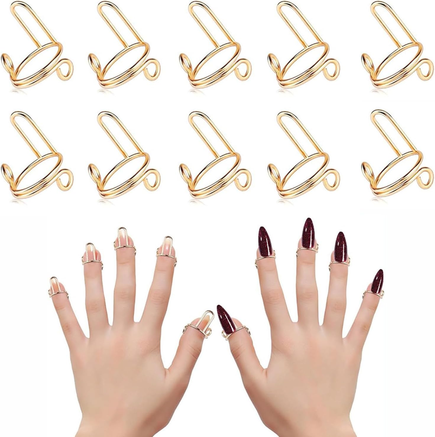 BEANPRECOY 10 Pcs Nail Art Ring Removable Nail Rings No Glue No Adhesive Nail Ring Adjustable Removable Reusable Finger Non-Tarnish Nail Ring Full Set for Women Nails Art DIY Decoration/Gold image number 2