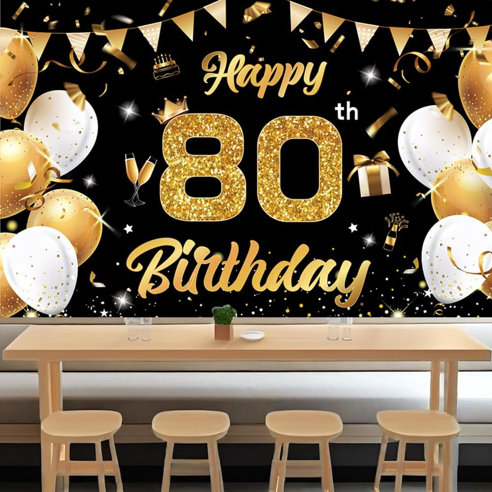 Black Gold Happy 80Th Birthday Banner Backdrop Kit with 12 Balloons,Cake Topper,1.8M X 1.15M Birthday Decorations for Parties,Photography-Premium Birthday Party Supplies for Men Women image number 1