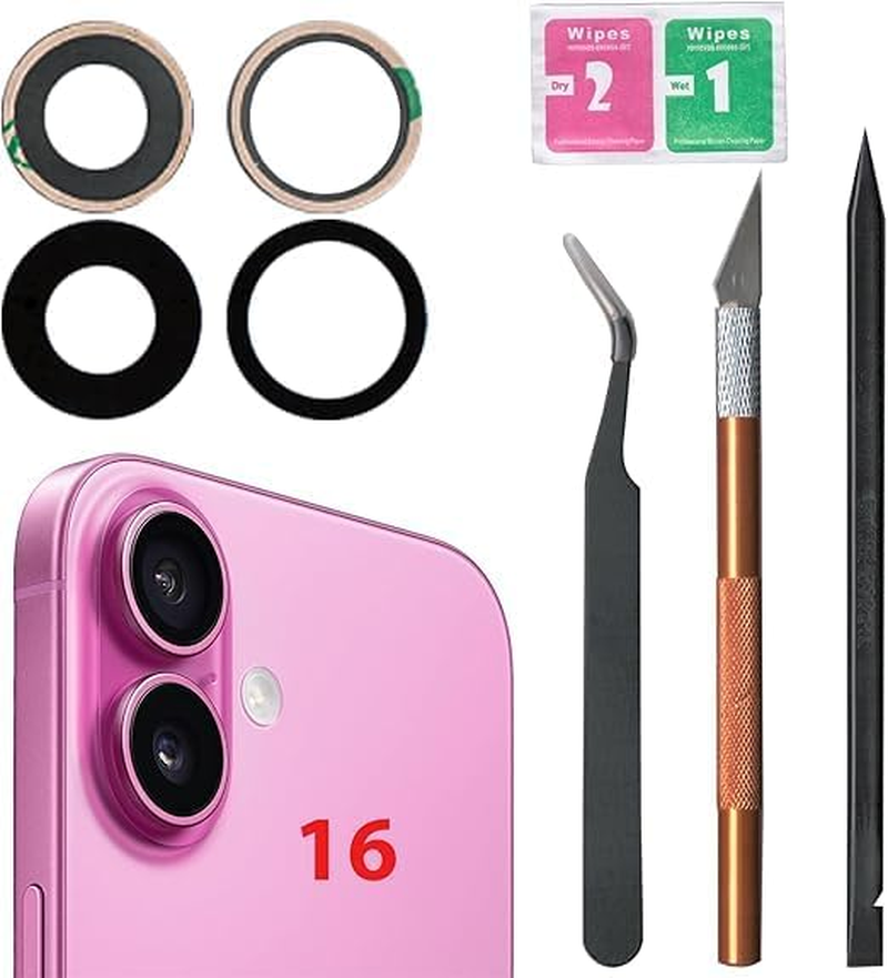 Back Rear Camera Lens Glass Replacement for Iphone 16 Camera Glass Replacement Kits with Pre-Installed Adhesive and Reparing Toolkits