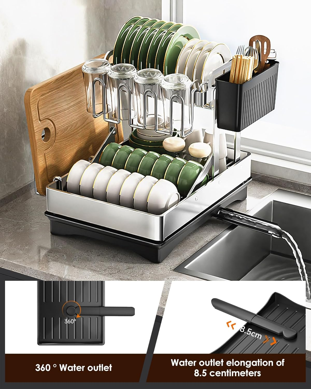 Dish Drying Rack, Multifunctional Dish Rack for Kitchen Counter, 2 Tier Collapsible & Stainless Steel Dish Drainer, Kitchen Drying Rack Equipped with Tableware Racks and Cup Holders image number 1