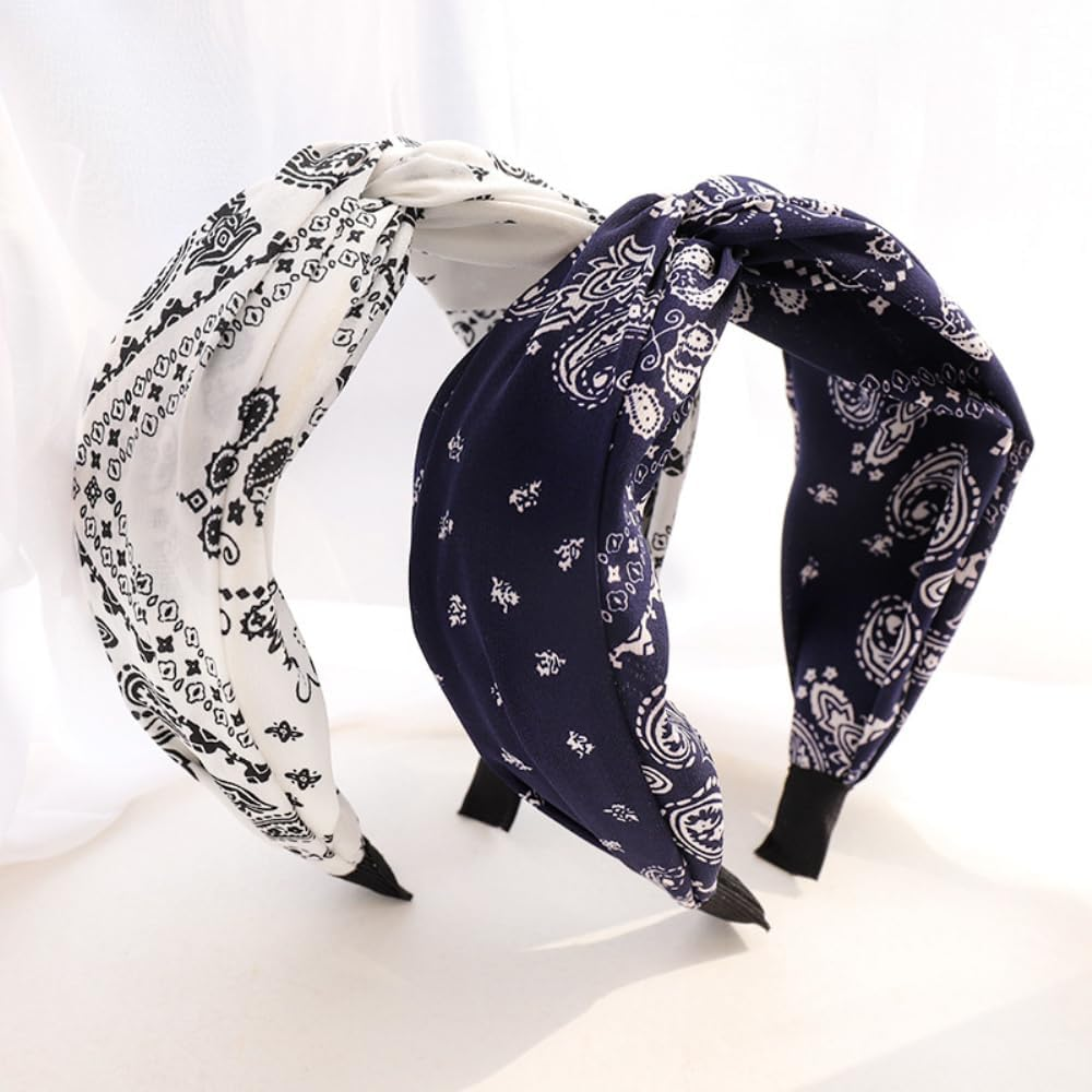 Anevous 1 X Boho Headband, Printed Knotted Headband, Elastic Stylish Headbands, Wide Headband, Knot Headband, Hair Accessories for Women, Dark Blue image number 1