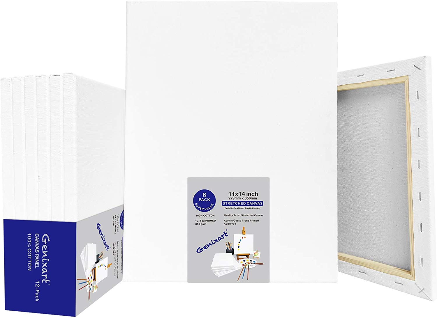 Genixart White Blank Stretched Canvas, Primed Professional Artist Canvases for Acrylics & Oils Painting (28X36Cm / 11" X 14" (6Pack))