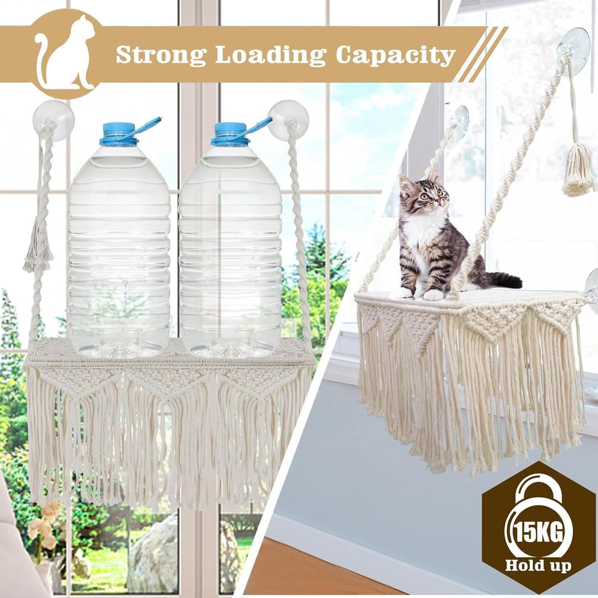 Cat Window Perch, Macrame Cat Hammock Boho Wall Mounted Pet Resting Seat Bed for Sunbathing, Napping & Overlooking with 4 Seat Suction Cups(No Pet Mat Included) image number 5