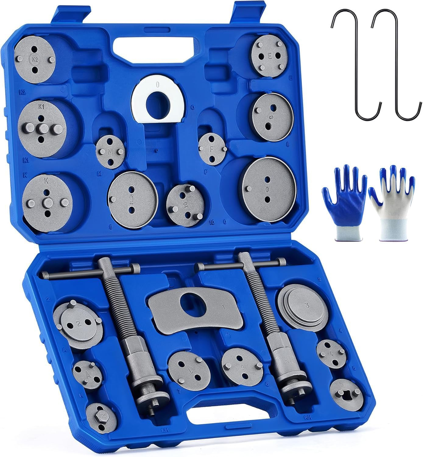 Huahong 22Pc Brake Caliper Tool Kit W/ 2 Hooks & Gloves - Disc Brake Piston Compressor Rewind Set for Brake Pad Replacement, Fits Most US/EU/JP Cars image number 5