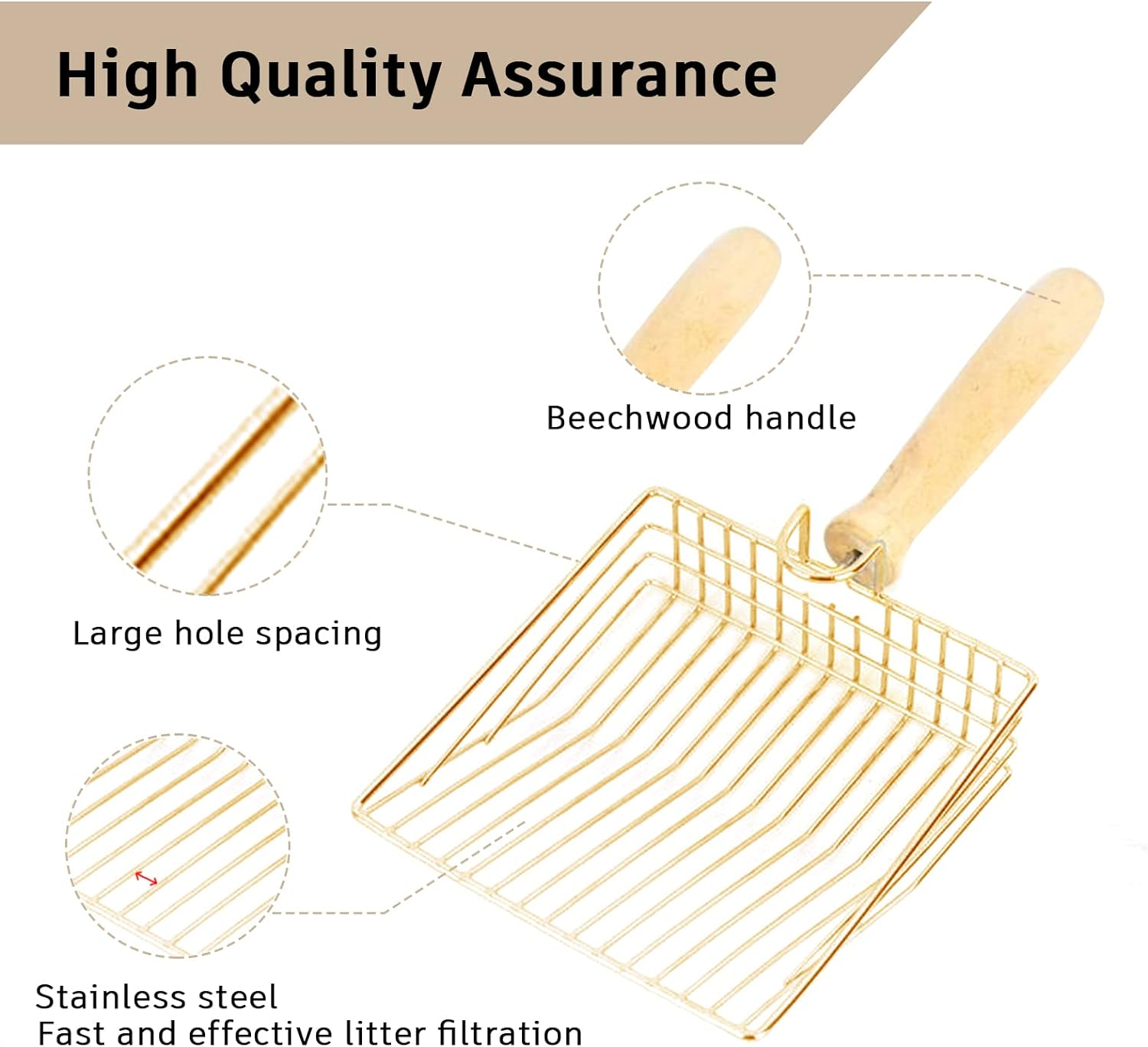 Cat Litter Scoop Stainless Steel Metal, Non-Slip Beech Handle Kitten Deep Shovel Holder for Maximum Sifting, Non Stick Scoop Sifter Cat Litter Shovel Cleaning Scoop